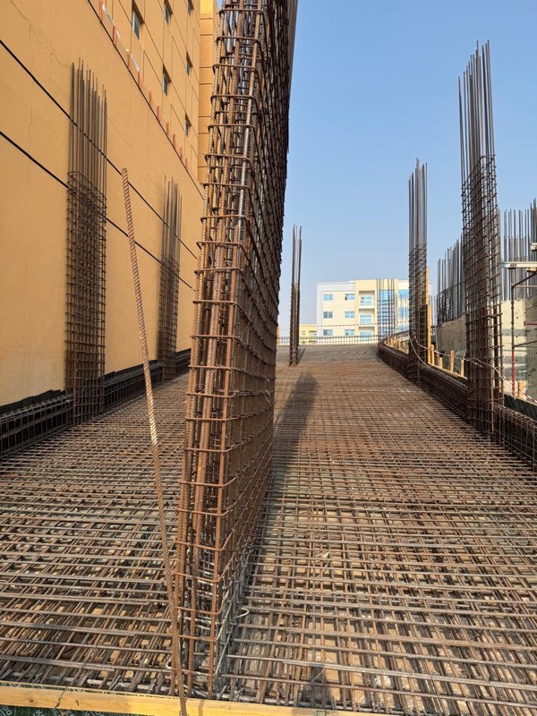 Wall reinforcement cage standing on the raft mesh